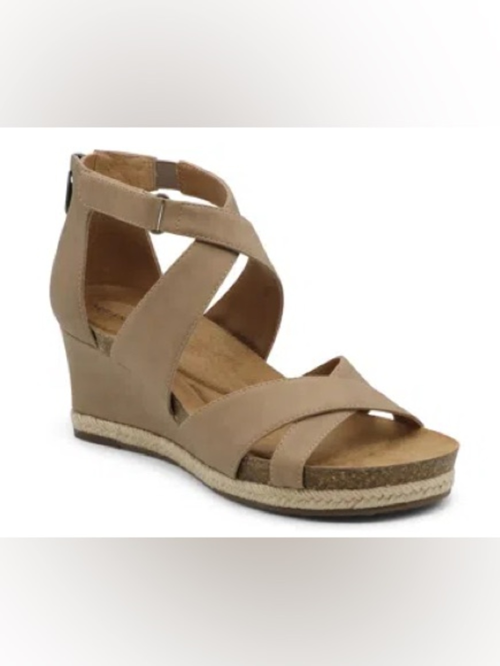 Adrienne Vittadini Taupe Suede Gladiator style wedge sandal crisscross strap 9.5